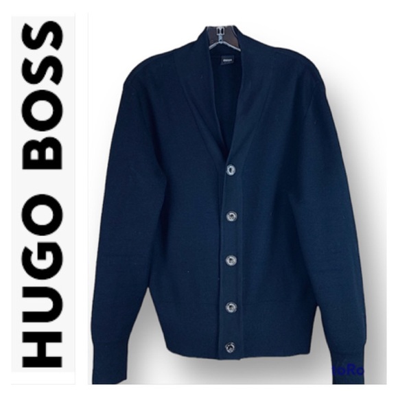 HUGO BOSS Slim Fit Wool Blend Cardigan Navy Blue Made in Turkey Size L - Picture 2 of 9
